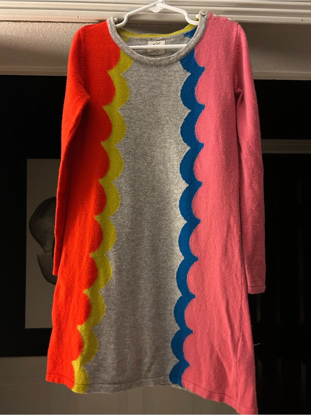 Mini Boden Grey Knit Dress with Pink, Red, Yellow & Blue Scallops